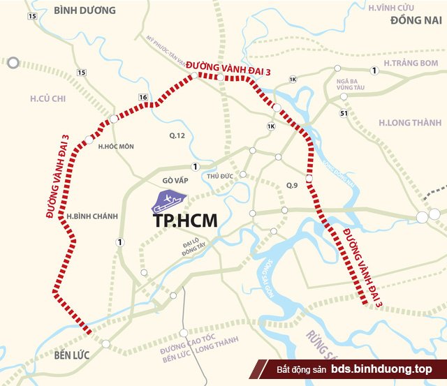 Đường vành đai 3 đi qua địa phận các tỉnh, thành: Long An, Bình Dương, TPHCM và Đồng Nai.