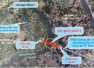 Vị trí cầu Bạch Đằng 2 nối Thị xã Tân Uyên (Bình Dương) với huyện Vĩnh Cửu (Đồng Nai)