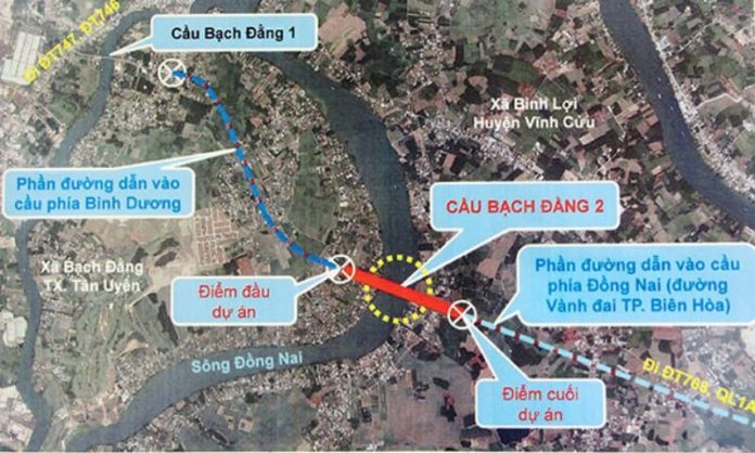 Vị trí cầu Bạch Đằng 2 nối Thị xã Tân Uyên (Bình Dương) với huyện Vĩnh Cửu (Đồng Nai)
