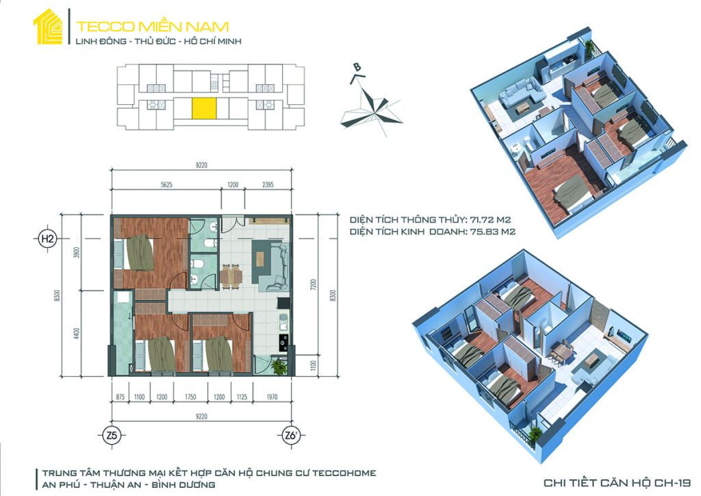 Mặt bằng căn hộ 3 phòng ngủ Chung cư Tecco Home An Phú