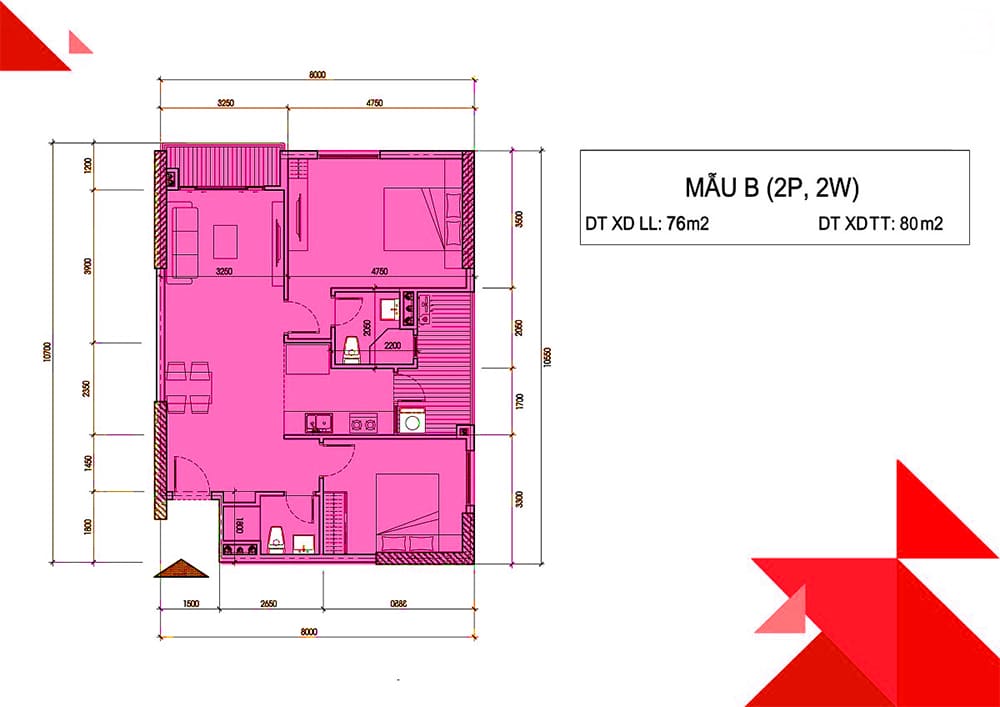 Bố trí mặt bằng căn hộ 2PN, 2WC diện tích 80 m2