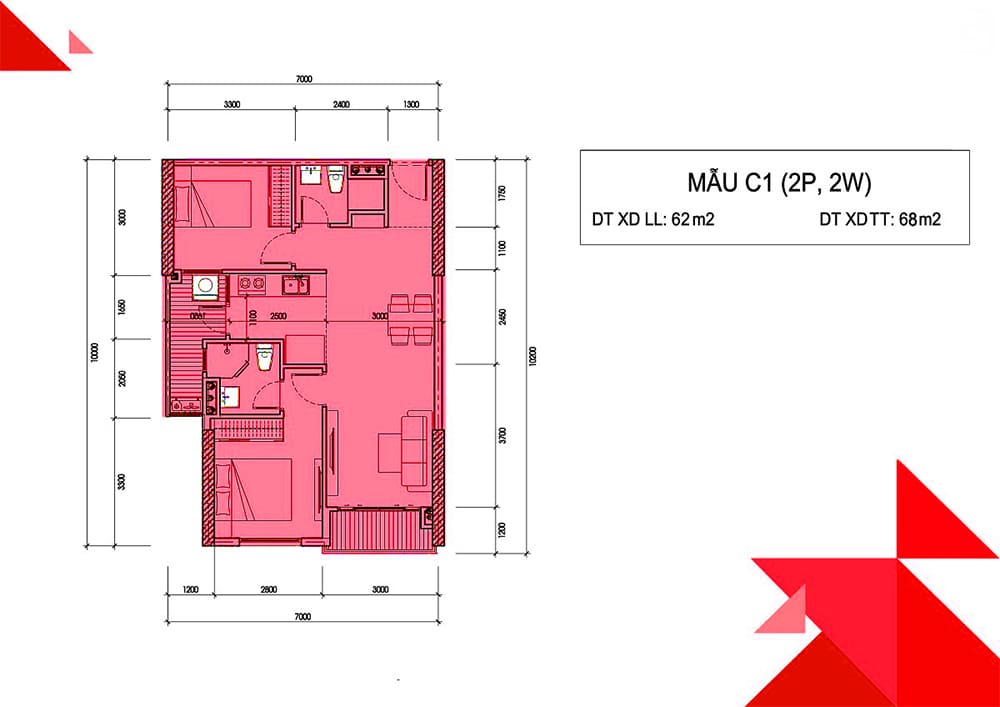 Bố trí mặt bằng căn hộ 2PN, 2WC diện tích 62 m2
