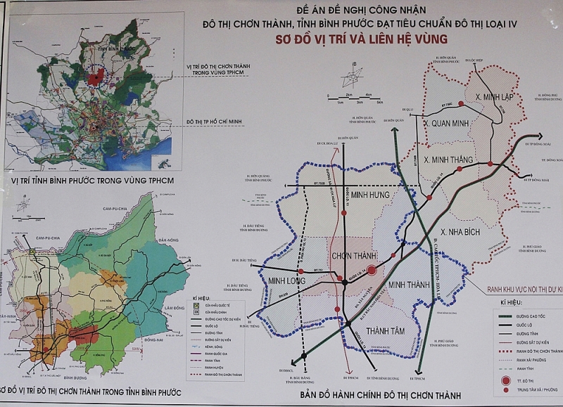 Sơ đồ vị trí và liên hệ vùng của khu vực dự kiến thành lập thị xã Chơn Thành, tỉnh Bình Phước.
