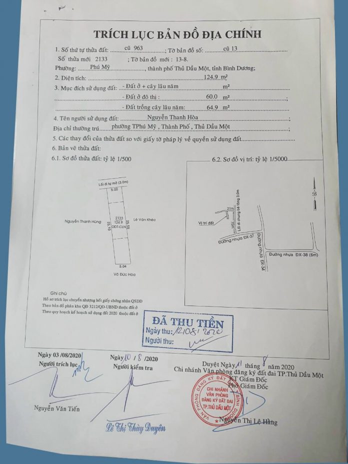 Trích lục nhà đất tại đường nhánh DX037 Phú Mỹ, Thủ Dầu Một