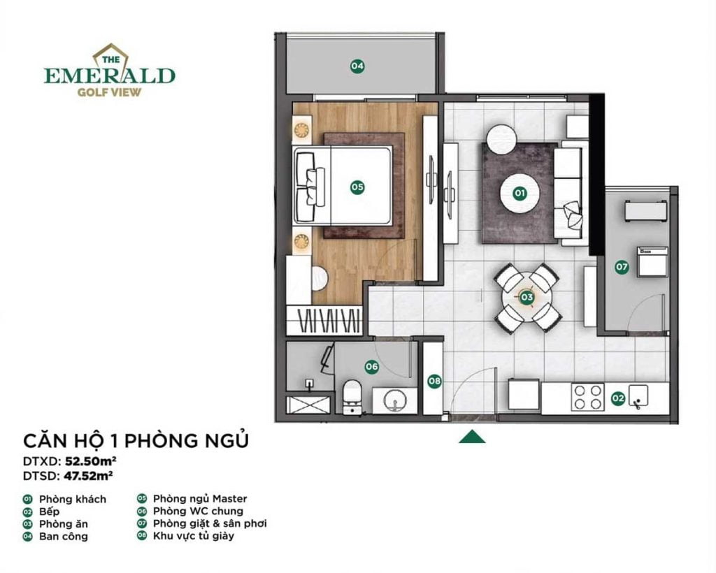 Mặt bằng bố trí căn hộ 1 phòng ngủ tại Chung cư The Emerald Golf View