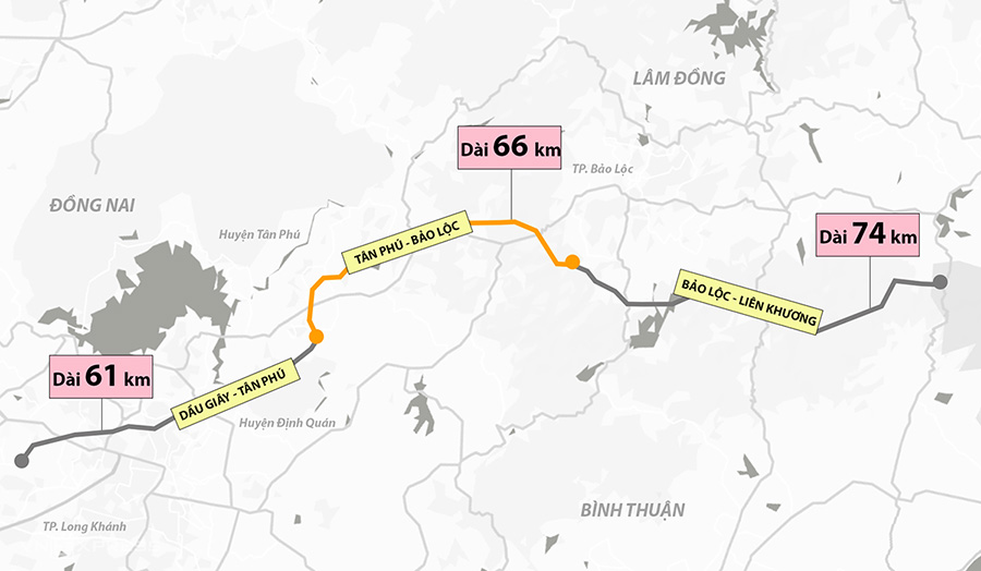 Sơ đồ hướng tuyến cao tốc Dầu Giây - Liên Khương, đoạn Tân Phú - Bảo Lộc sẽ được triển khai trước. Đồ hoạ: Trần Nam (Vnexpress.net)
