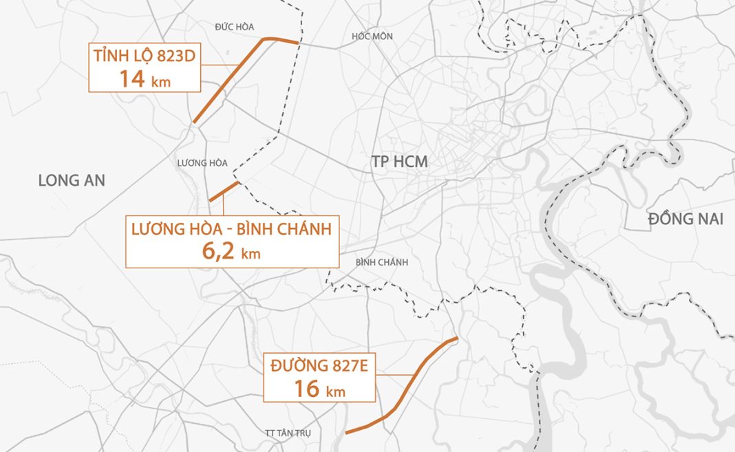 Ba tuyến đường từ Long An góp phần kết nối với TP HCM. Đồ hoạ: Thanh Huyền (Vnexpress.net)