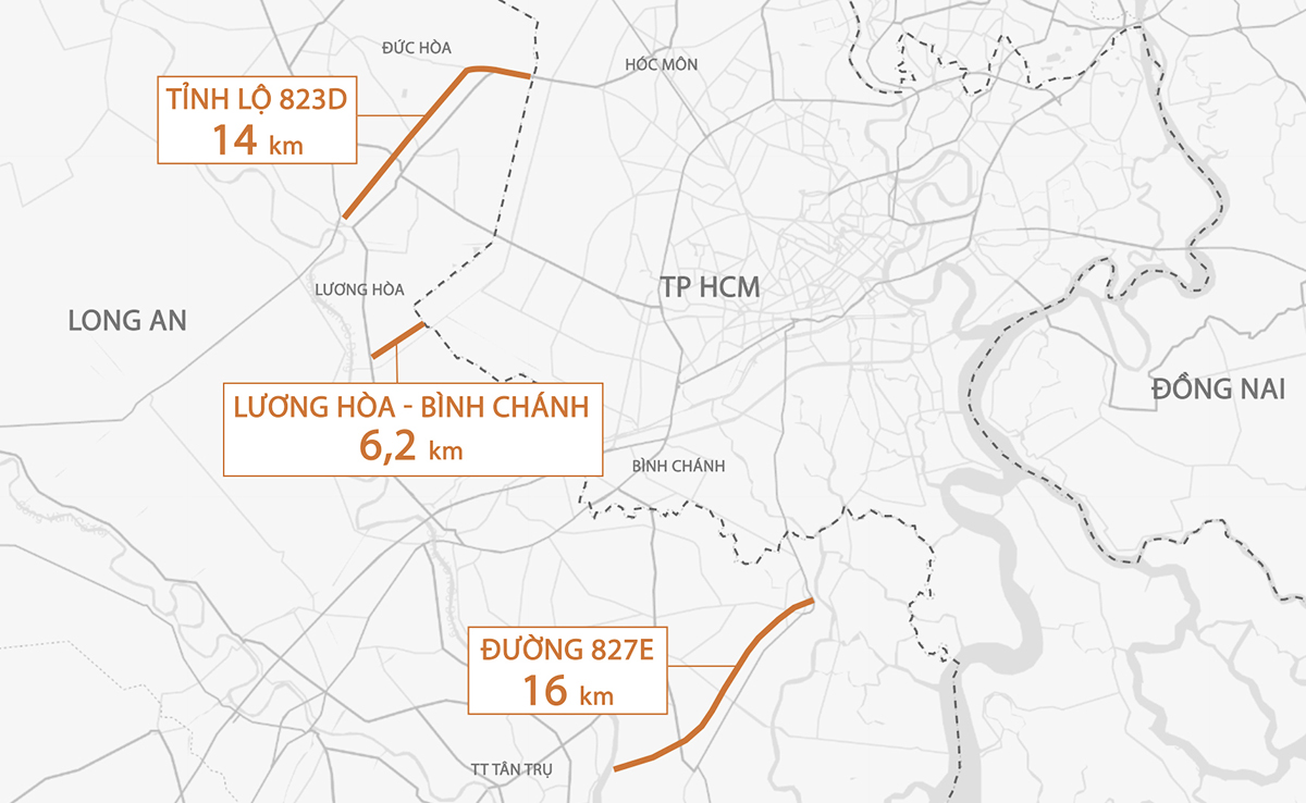 Ba tuyến đường từ Long An góp phần kết nối với TP HCM. Đồ hoạ: Thanh Huyền (Vnexpress.net)