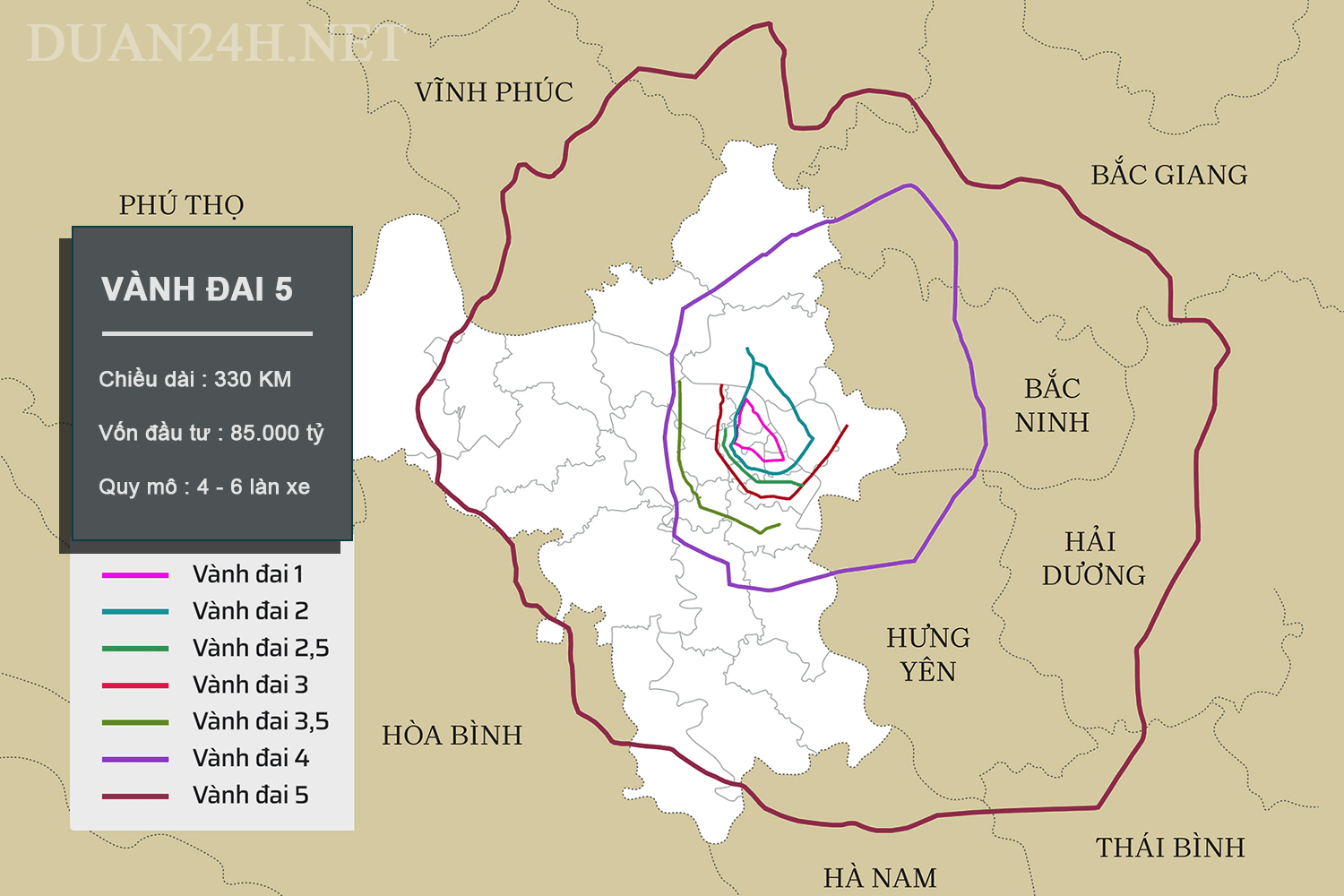 Sơ đồ toàn tuyến Vành đai 5 - Vùng thủ đô Hà Nội
