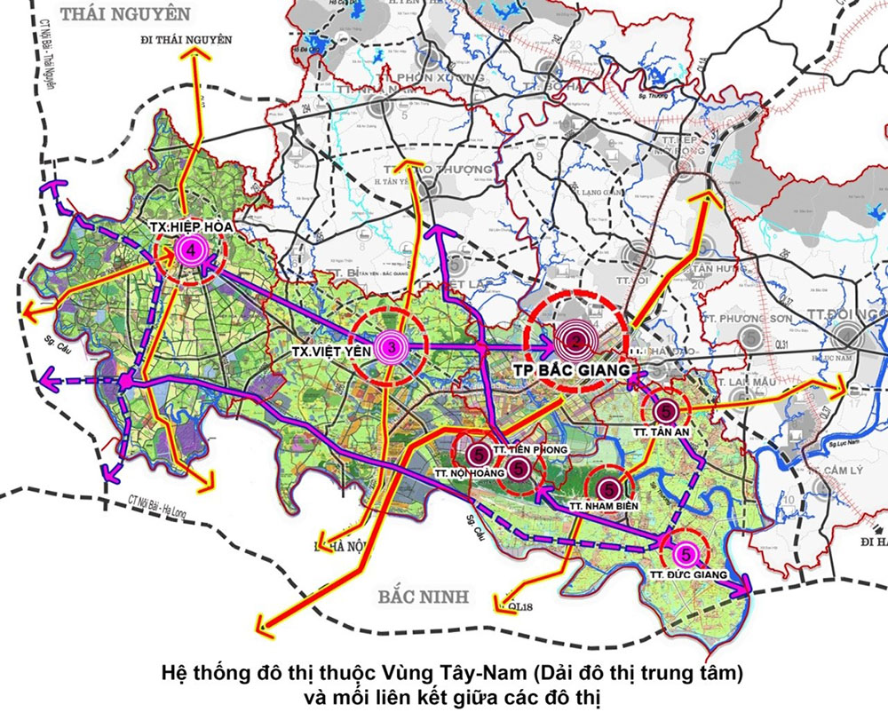 Đô thị thuộc vùng Tây – Nam Bắc Giang: (Dải đô thị trung tâm) 