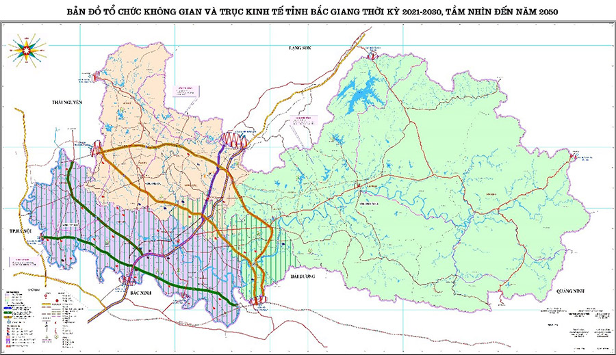 Bản đồ tổ chức không gian và trục kinh tế tỉnh Bắc Giang thời kỳ 2021 - 2030, tầm nhìn năm 2050