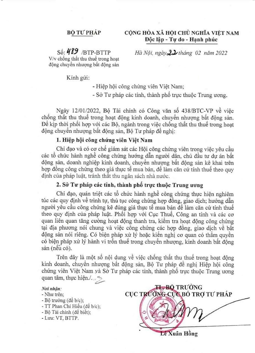 Công văn số 489 gửi Sở Tư pháp các tỉnh, thành phố trực thuộc Trung ương và Hiệp hội Công chứng viên Việt Nam