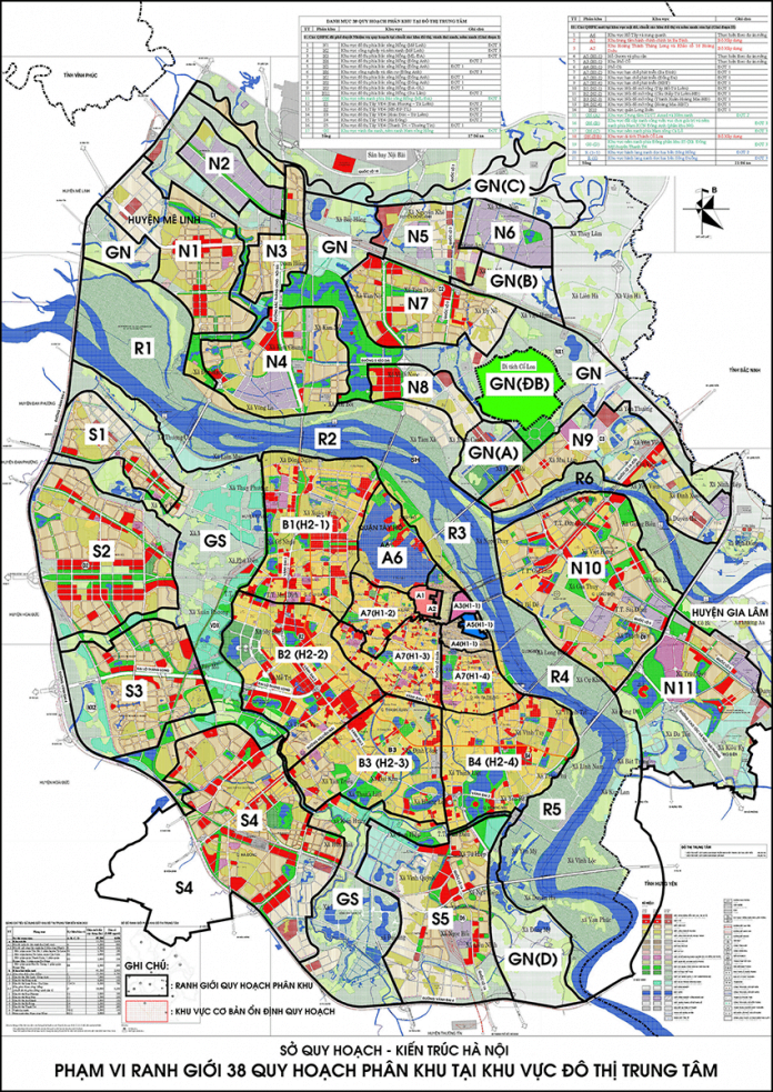 Sơ đồ phạm vi ranh giới 38 quy hoạch phân khu tại khu vực đô thị trung tâm TP Hà Nội