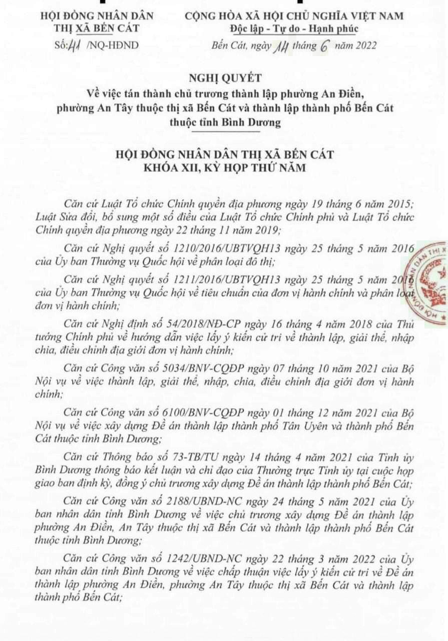 Nghị quyết của HĐND Thị xã Bến Cát về việc thành lập thành phố Bến Cát (1)
