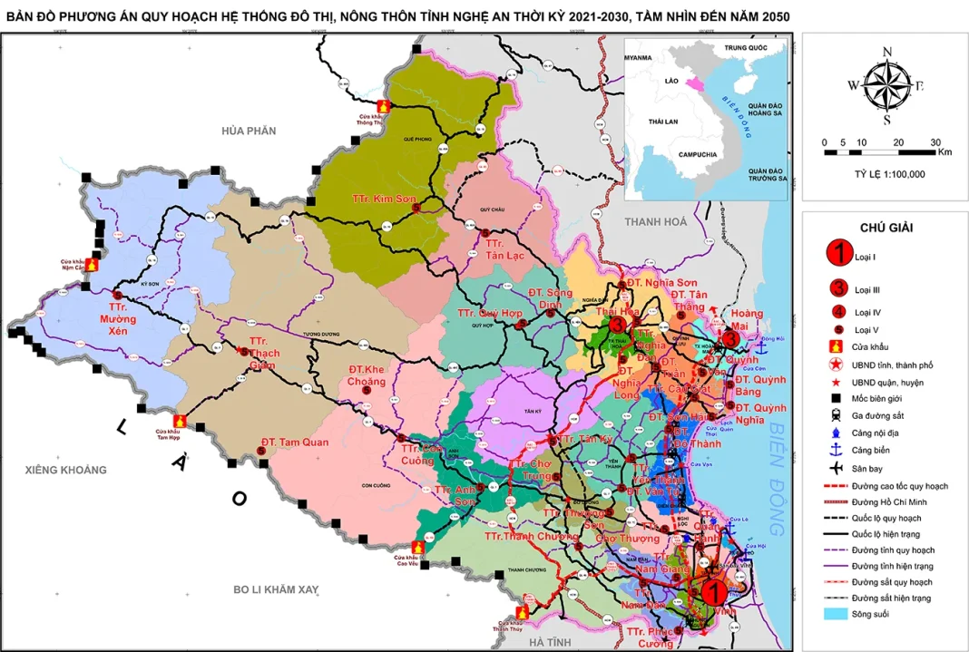 Bản đồ phương án quy hoạch hệ thống đô thị, nông thôn tỉnh Nghệ An đến năm 2030