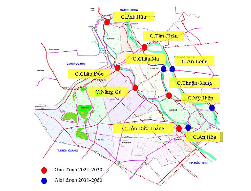 Vị trí các cầu lớn tại An Giang dự kiến đầu tư giai đoạn 2021-2050