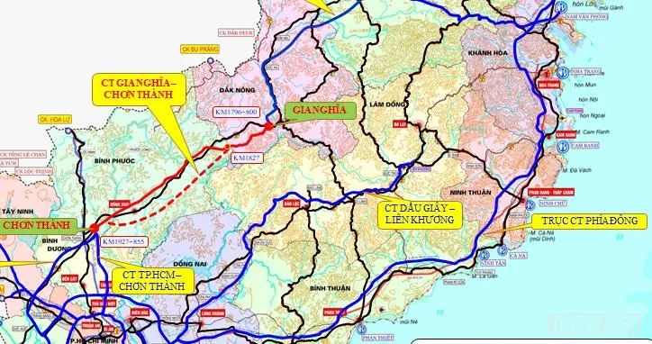 Bản đồ hướng tuyến dự kiến của đường cao tốc Gia Nghĩa - Chơn Thành được đơn vị tư vấn đưa ra