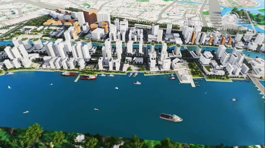 Cận cảnh khu đô thị tương lai với các bến thuyền, tòa nhà đồng nhất.