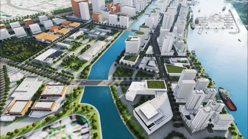 Khu đô thị tương lai với hình ảnh sông ngòi bao quanh và cầu kết nối.