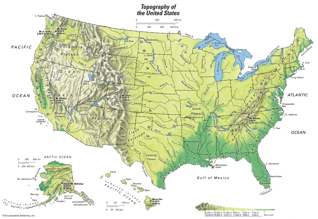Topographical map of the United States.