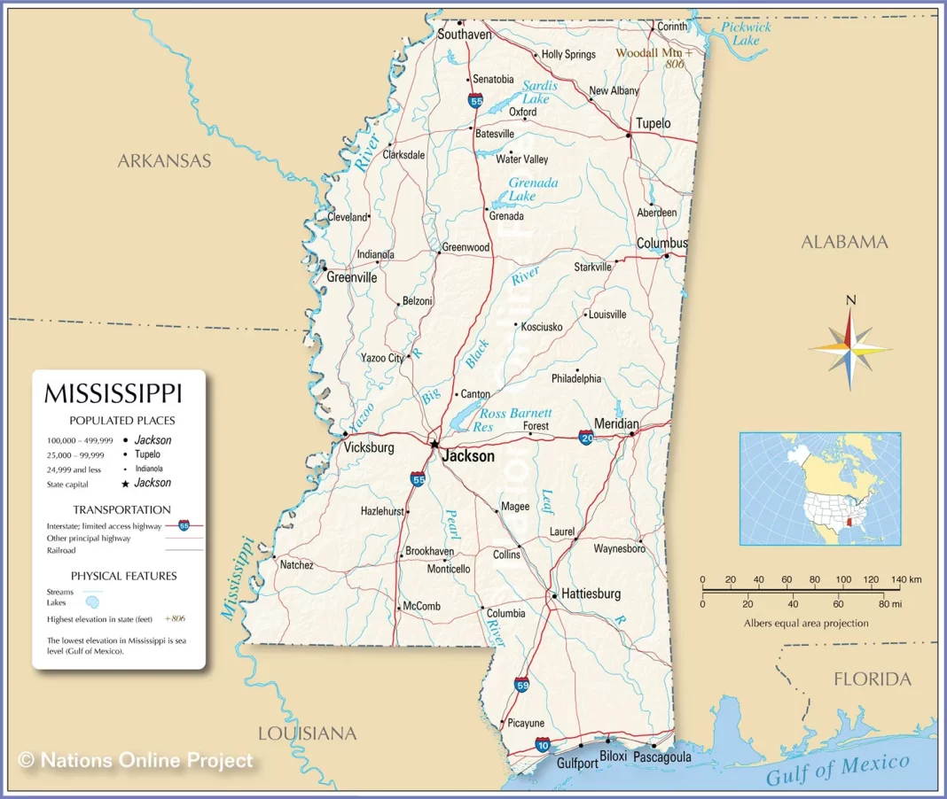 Bản đồ bang Mississippi (MS), Mỹ