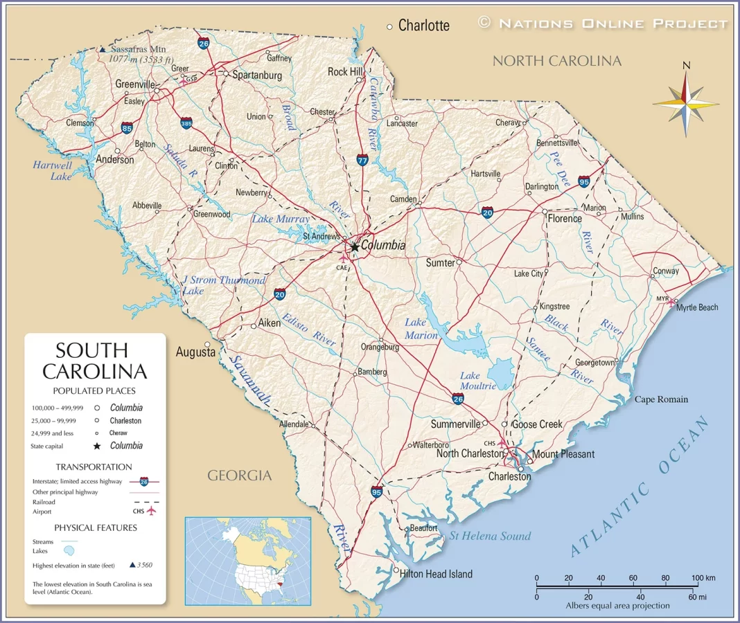 Thông tin, bản đồ bang South Carolina (Mỹ)