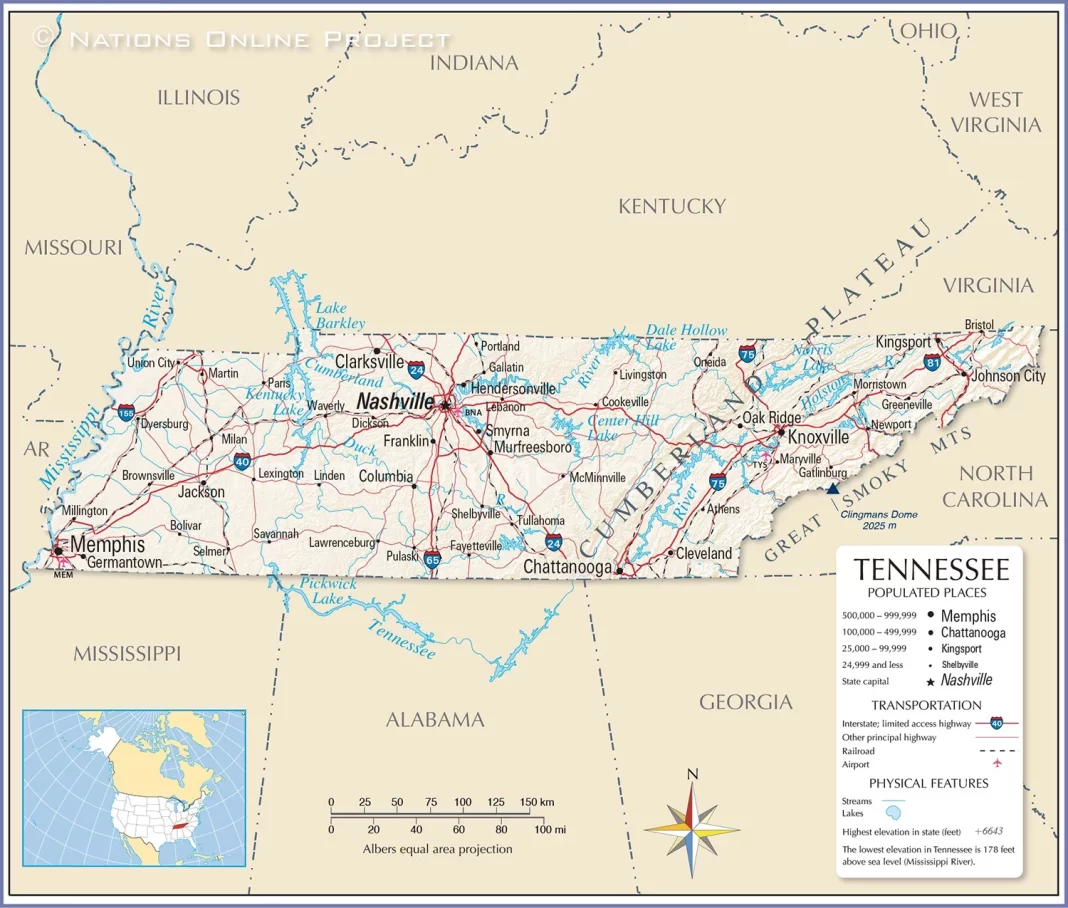 Thông tin, bản đồ bang Tennessee (Mỹ)