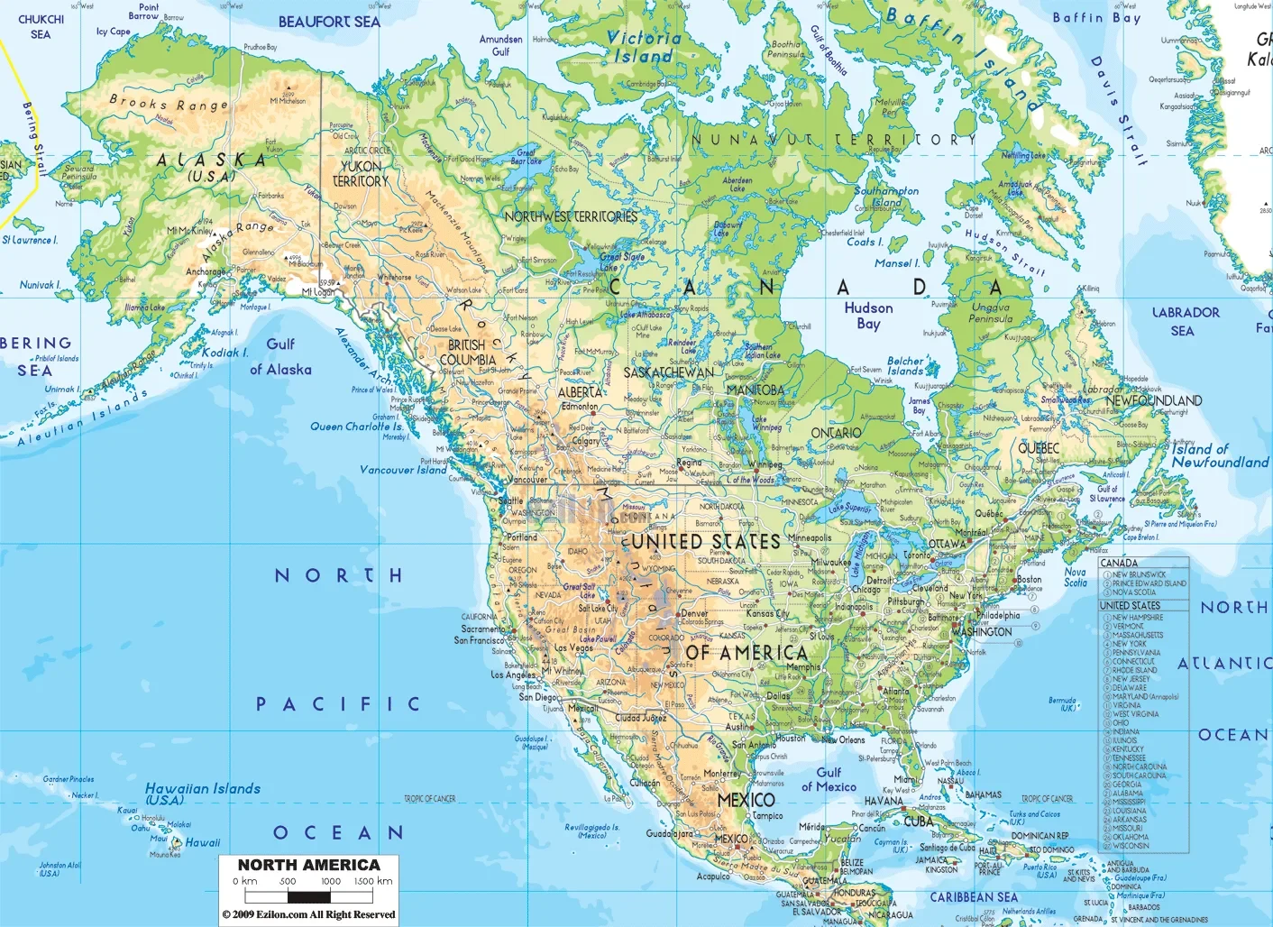 Bản đồ địa lý Bắc Mỹ (Bản đồ địa lý Bắc Mỹ)