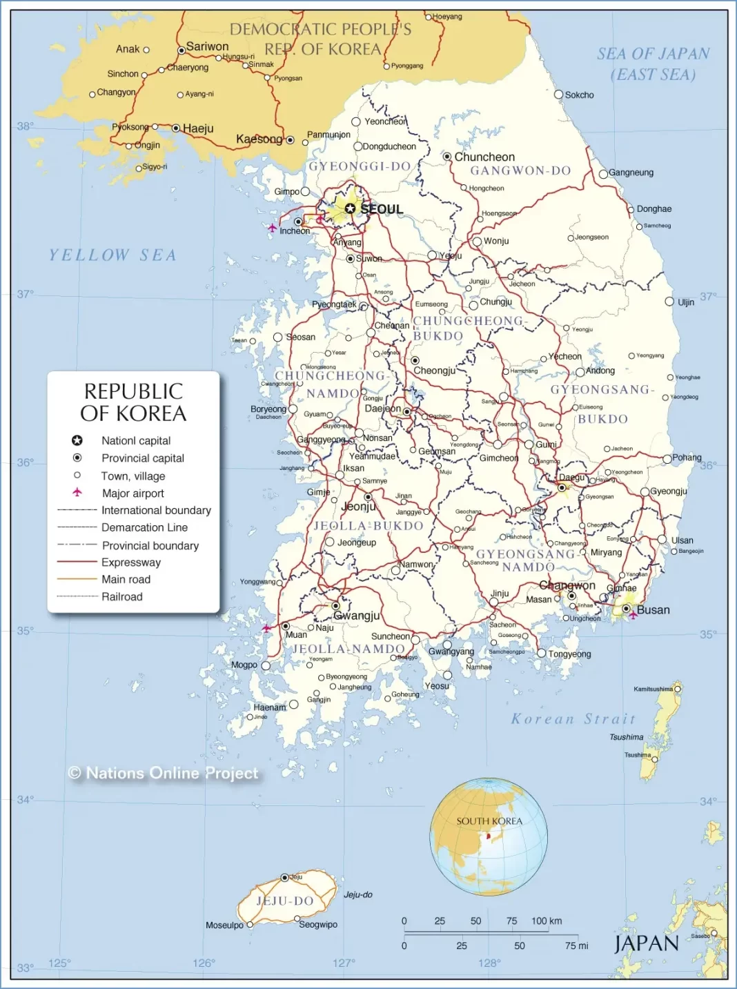 Bản đồ Hàn Quốc (Map of Korea, 한국 지도, 韩国地图, 韓国の地図)