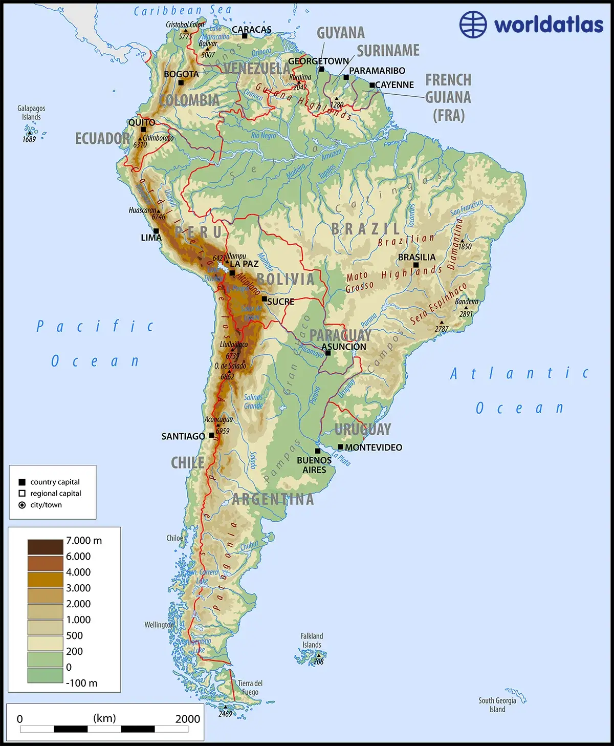 Bản đồ địa lý Châu Mỹ Nam (Geographical map of South America)