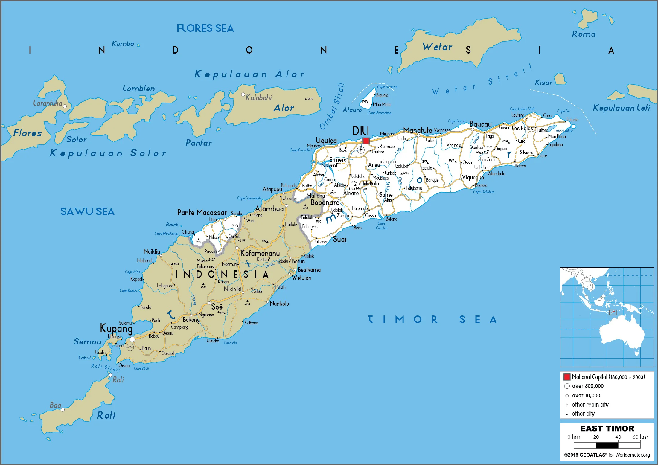 Bản đồ các tuyến đường chính của Timor Leste (Map of the main routes of Timor Leste) 