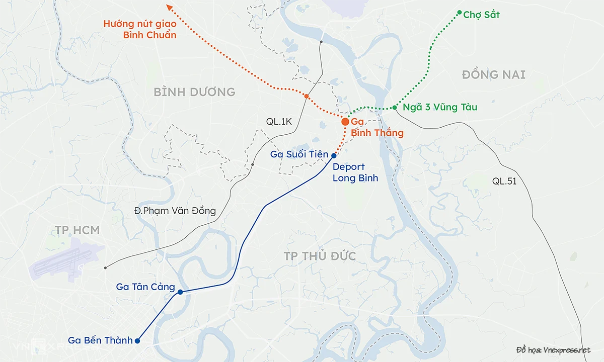 Hướng tuyến Metro số 1 và hai hướng dự định kéo dài lên Đồng Nai, Bình Dương