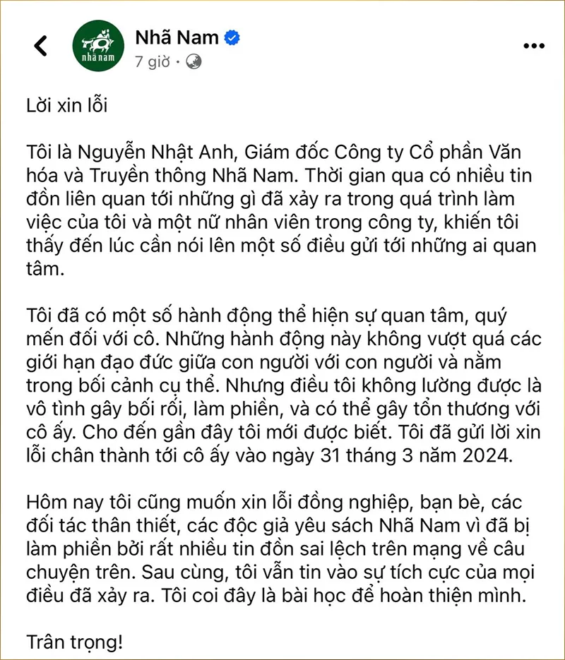 Ông Nhật Anh đã lên tiếng xin lỗi với cộng đồng trên Fanpage