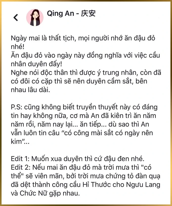 Qing An bịa chuyện về tục Lễ Thất Tịch ăn Đậu Đỏ để cầu duyên