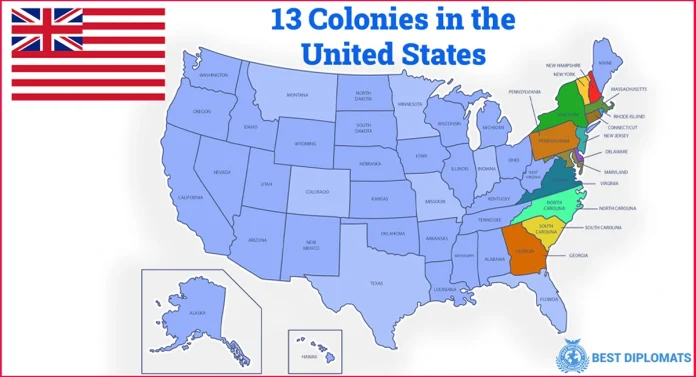 Map of 13 colonies and original states of America