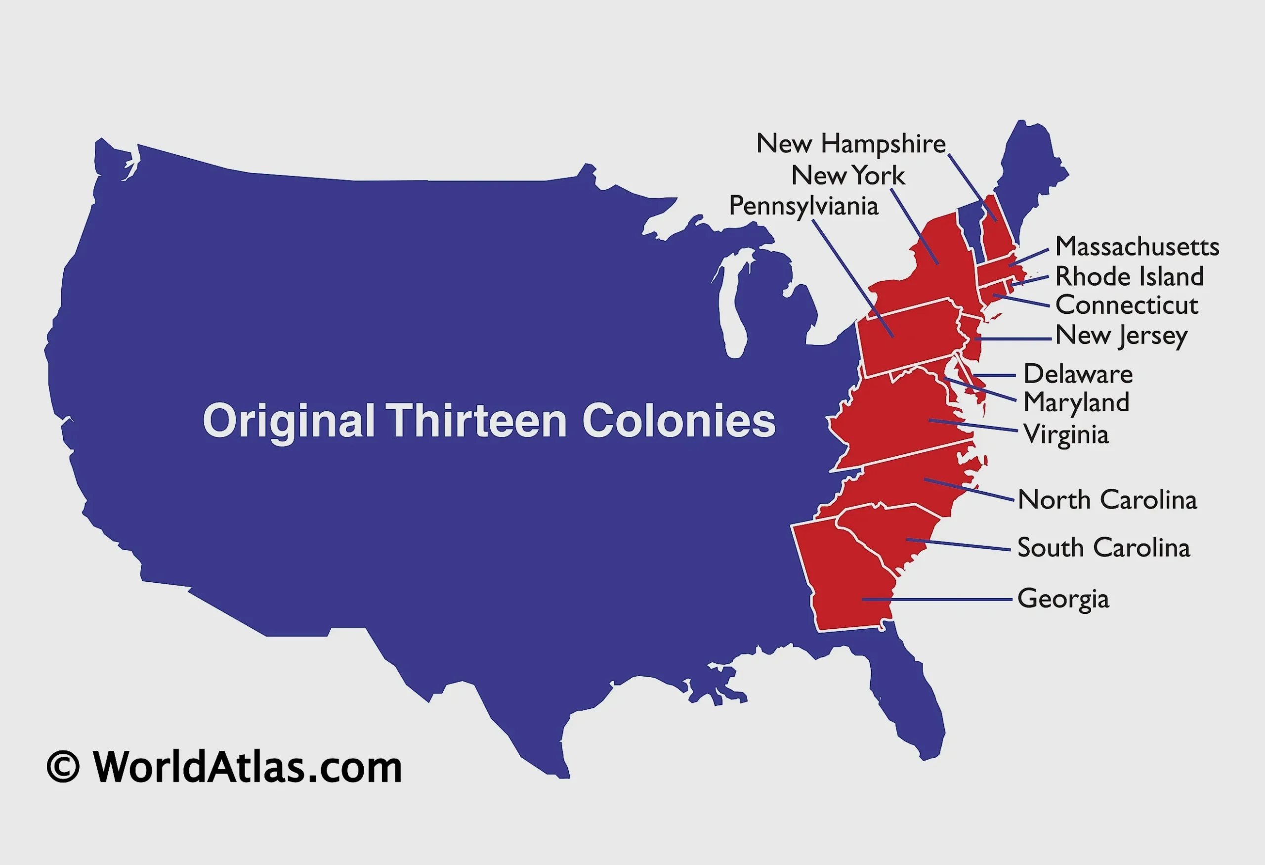 Map of 13 colonies and original states of America