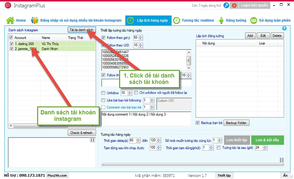 Lập lịch tương tác nhiều tài khoản Instagram